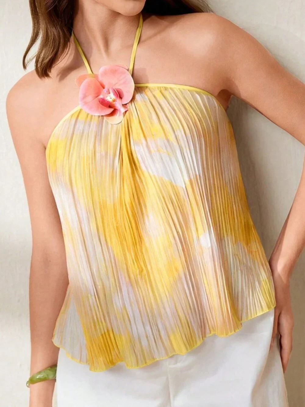 Yellow Casual Women's Knitted Pleated Floral Print Sleeveless Halter Top